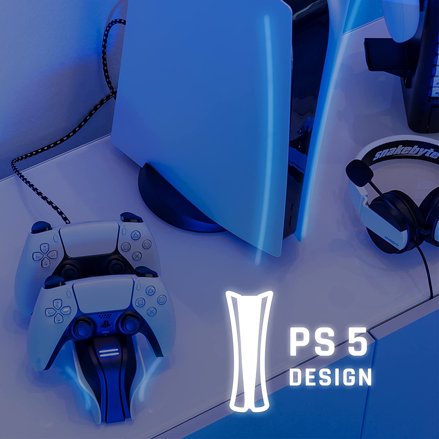 Snakebyte PS5 TWIN:CHARGE 5 - PlayStation 5 charging station for DualSense controller, charger kit for 2 wireless controllers including Type-C cable, LED charge status display, PS5 design, White