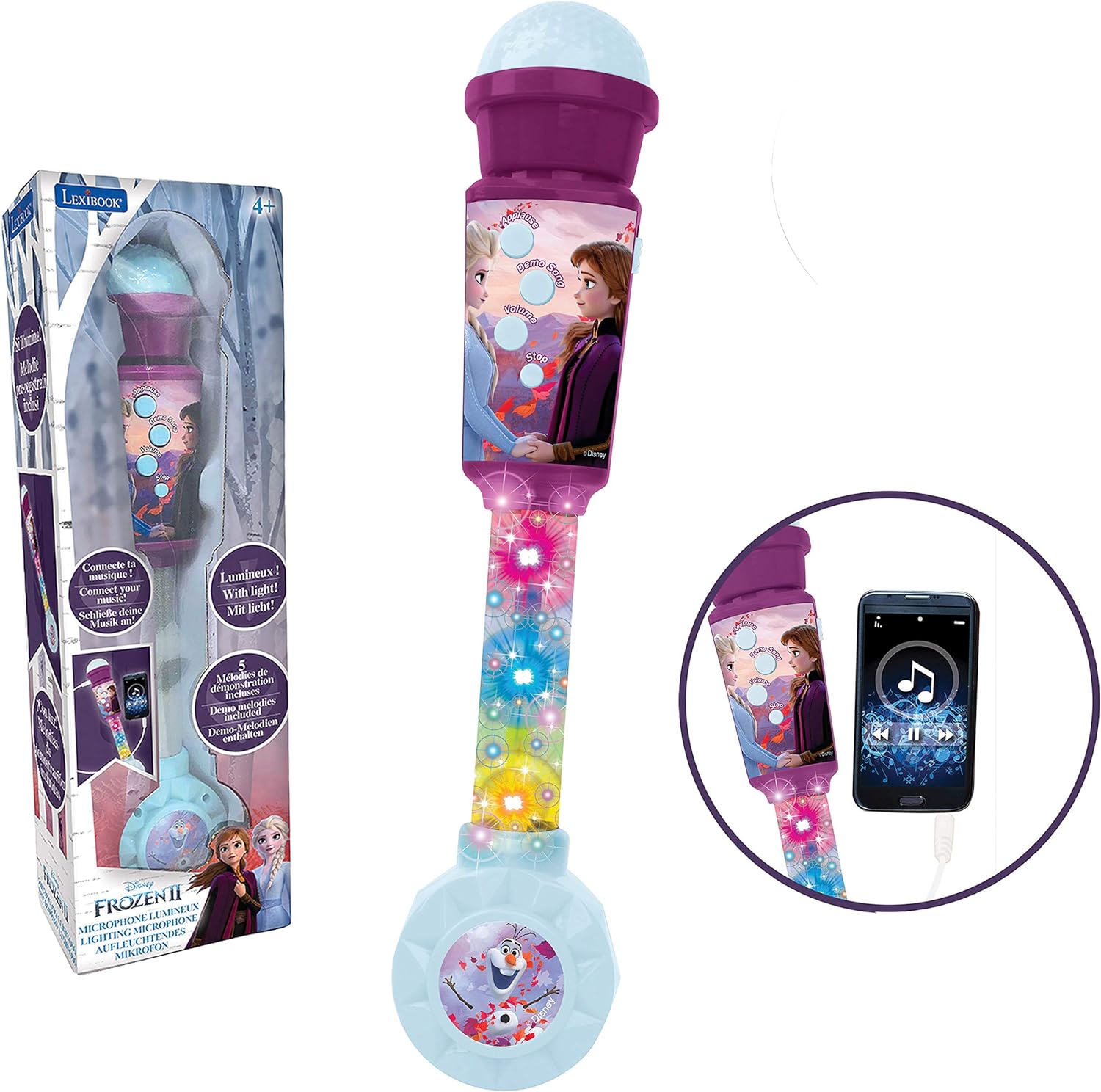 Lexibook MIC90FZ Microfono Disney Frozen Microphone for Children, Musical Toy Game, Built-in Speaker, Light Effects, Aux-in Cable Plug, Purple/Blue