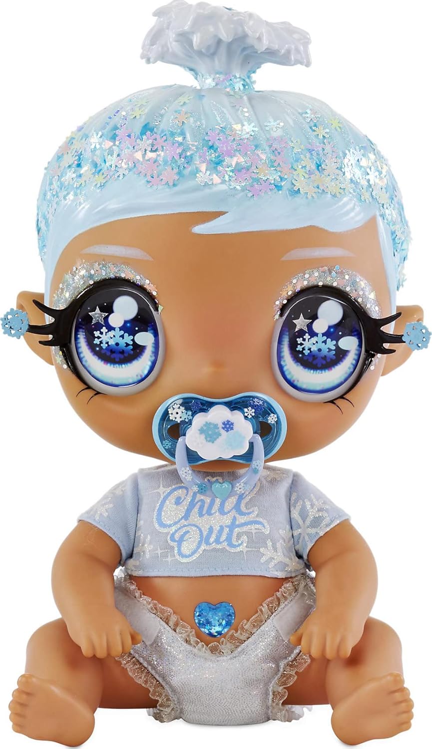 I Love U Glitter Babyz January Snowflake Baby Doll with 3 Magical Colour changes, Blue Hair & a Winter Outfit. Includes Reusable Diaper, Bottle, & Pacifier. Collectable Toy For Kids Ages 3 Years Plus 11 Inch