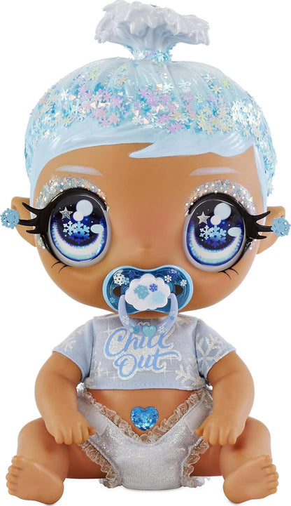 I Love U Glitter Babyz January Snowflake Baby Doll with 3 Magical Colour changes, Blue Hair & a Winter Outfit. Includes Reusable Diaper, Bottle, & Pacifier. Collectable Toy For Kids Ages 3 Years Plus 11 Inch