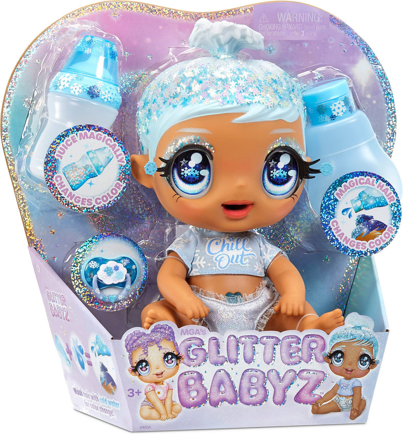 I Love U Glitter Babyz January Snowflake Baby Doll with 3 Magical Colour changes, Blue Hair & a Winter Outfit. Includes Reusable Diaper, Bottle, & Pacifier. Collectable Toy For Kids Ages 3 Years Plus 11 Inch