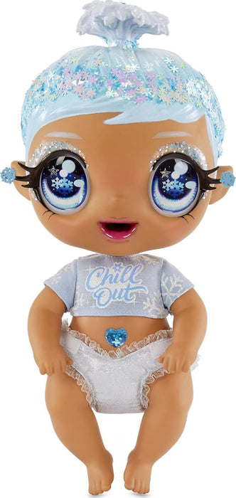 I Love U Glitter Babyz January Snowflake Baby Doll with 3 Magical Colour changes, Blue Hair & a Winter Outfit. Includes Reusable Diaper, Bottle, & Pacifier. Collectable Toy For Kids Ages 3 Years Plus 11 Inch