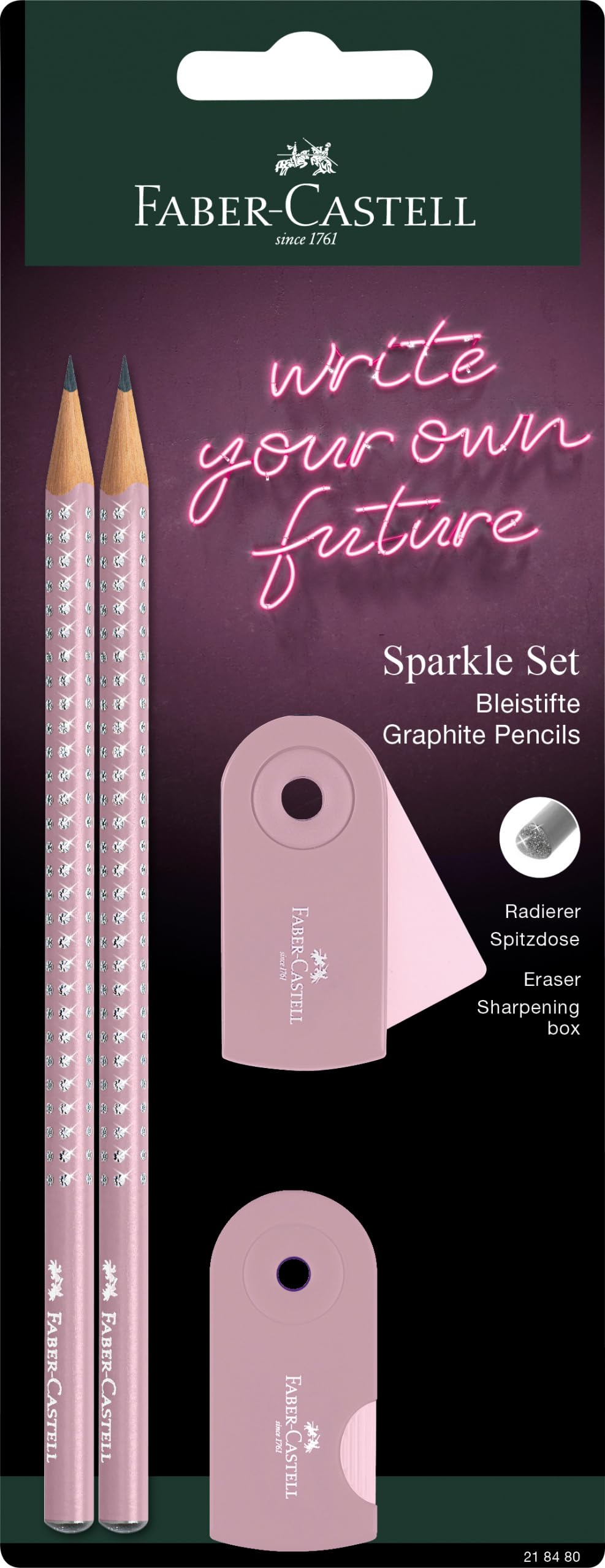 Faber-Castell 218480 - Blister 2 láp. Sparkle perlado, goma y afila sleeve mini. Sombra rosa-gris