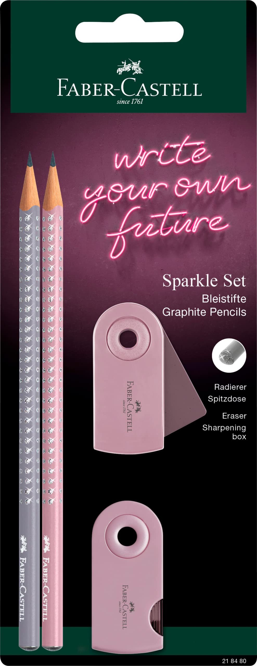 Faber-Castell 218480 - Blister 2 láp. Sparkle perlado, goma y afila sleeve mini. Sombra rosa-gris