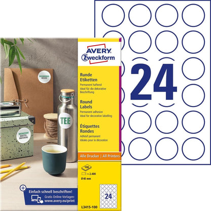AVERY Zweckform L3415-10 Round Labels (240 Stickers on 10 Sheets, for Printing, Self-Adhesive, Diameter 40 mm, A4, Adhesive Dots for Identifying Documents Products) White