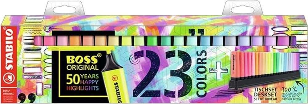 Highlighter - STABILO BOSS ORIGINAL - Deskset of 23 - 9 Fluorescent Colours + 14 Pastel Colours