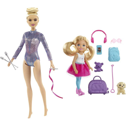 Barbie RHYTHMIC GYMNAST (BLONDE) DOLL & Chelsea Travel Doll, Blonde, With Puppy, Carrier & Accessories, For 3 To 7 Year Olds, FWV20