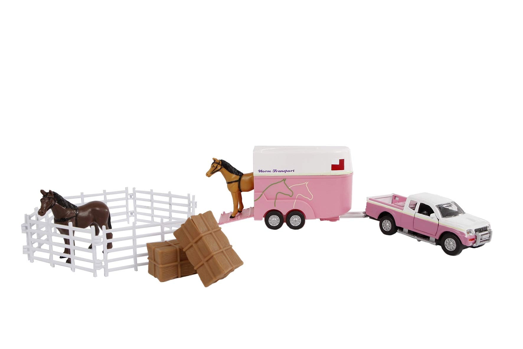 Kids Globe Traffic Die Cast Mitsubishi with Horse Trailer, Fence, Horses, Fence, Feed Bales (Pink, 27 cm) 520205