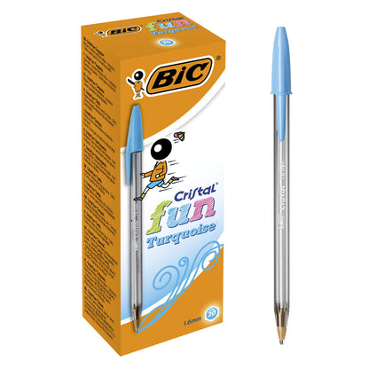 BIC Cristal Fun Ballpoint Pens, Wide Point (1.6 m), Box of 20, Turquoise Colour - Bold Smudge-Proof Writing