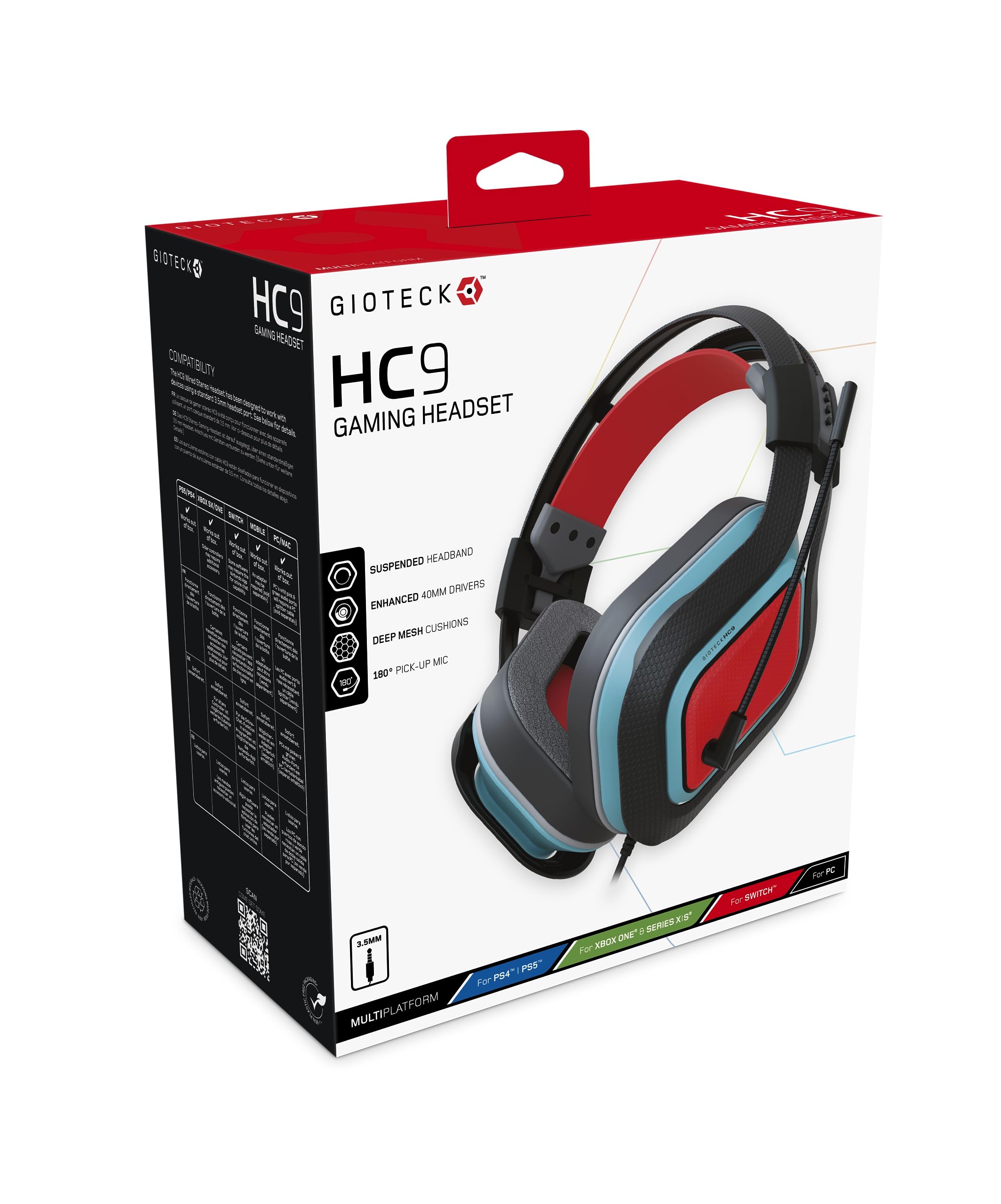 Gioteck HC9 Wired Stereo Over-Ear Headset for PS5/PS4, Xbox Series X, Switch, PC - Red & Blue - Extreme Comfort - Immersive Sound 2021 - Black & Red