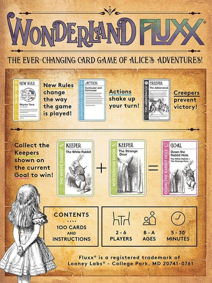 Looney Labs Wonderland Fluxx – Board Game 2-6 Players – Board Games for Family – 5-20 Minutes of Gameplay – Games for Family Game Night – Kids and Adults Ages 8+ - English Version