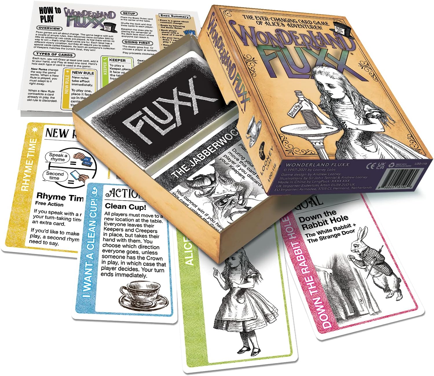 Looney Labs Wonderland Fluxx – Board Game 2-6 Players – Board Games for Family – 5-20 Minutes of Gameplay – Games for Family Game Night – Kids and Adults Ages 8+ - English Version