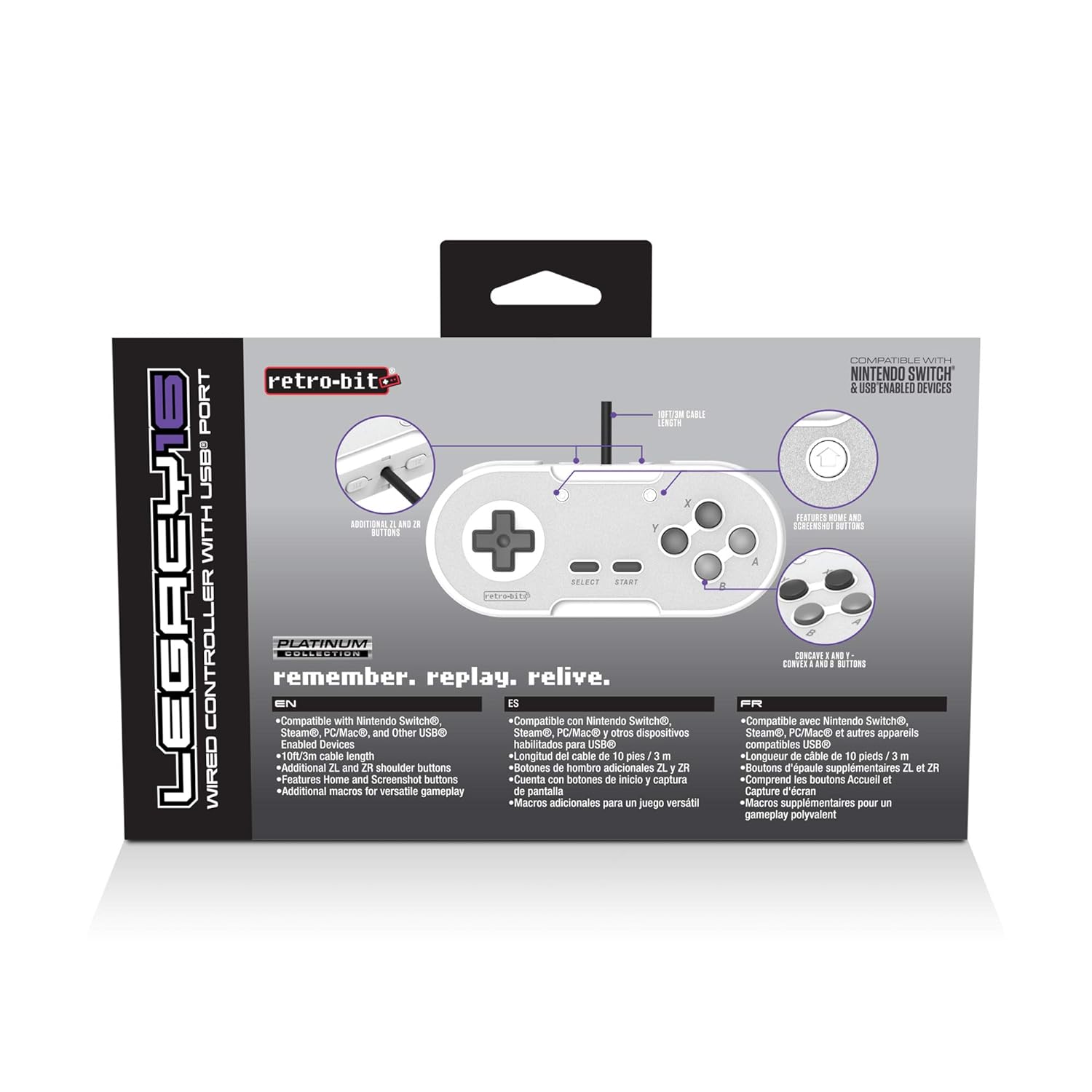 Retro-Bit Legacy16 USB Wired Controller For Steam, PC, Mac, Raspberry Pi, and Switch - Classic Grey (Nintendo Switch//