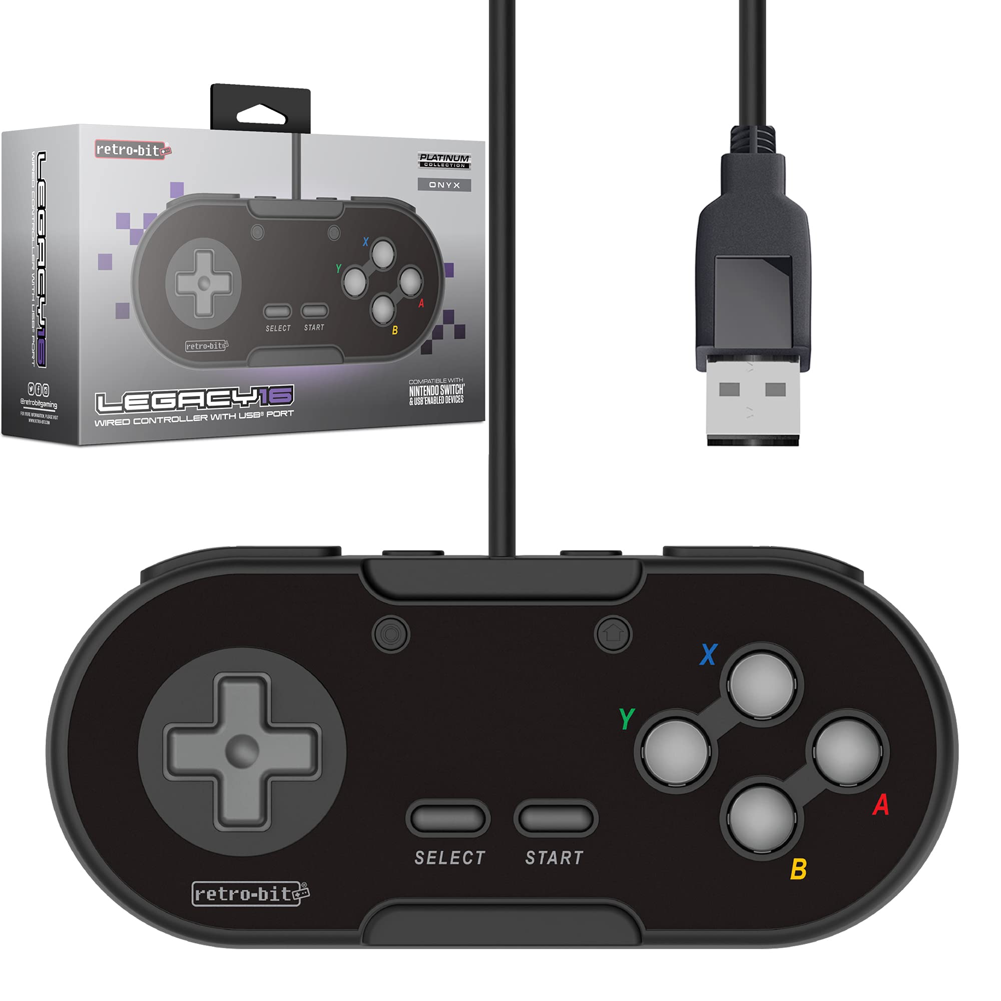 Retro-Bit Legacy16 USB Wired Controller For Steam, PC, Mac, Raspberry Pi, and Switch- Onyx Black (Nintendo Switch//