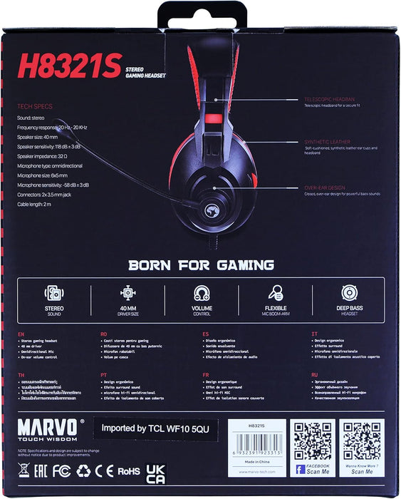 MARVO Scorpion H8321S Gaming Headset, Stereo Sound, Flexible Omnidirectional Microphone, 40mm Audio Drivers, On-ear Volume Control, 3.5mm Connection, Black and Red