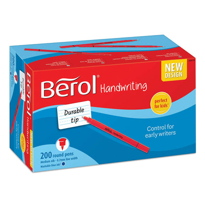 Berol Handwriting Pens | Round Shape | Washable Blue Ink | Bright Barrels | Class Pack of 200