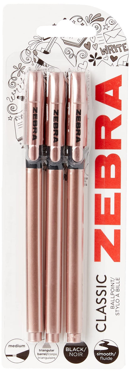 Zebra Pen Z Grip Black Pens Ballpoint, Super Trendy Rose Gold Ballpoint Pens with Triangular Barrel, Pens, Black Ink, Reliable Black Biro Pens Multipack for Everyday Use-Medium Point, 3 pk,Pack of 2