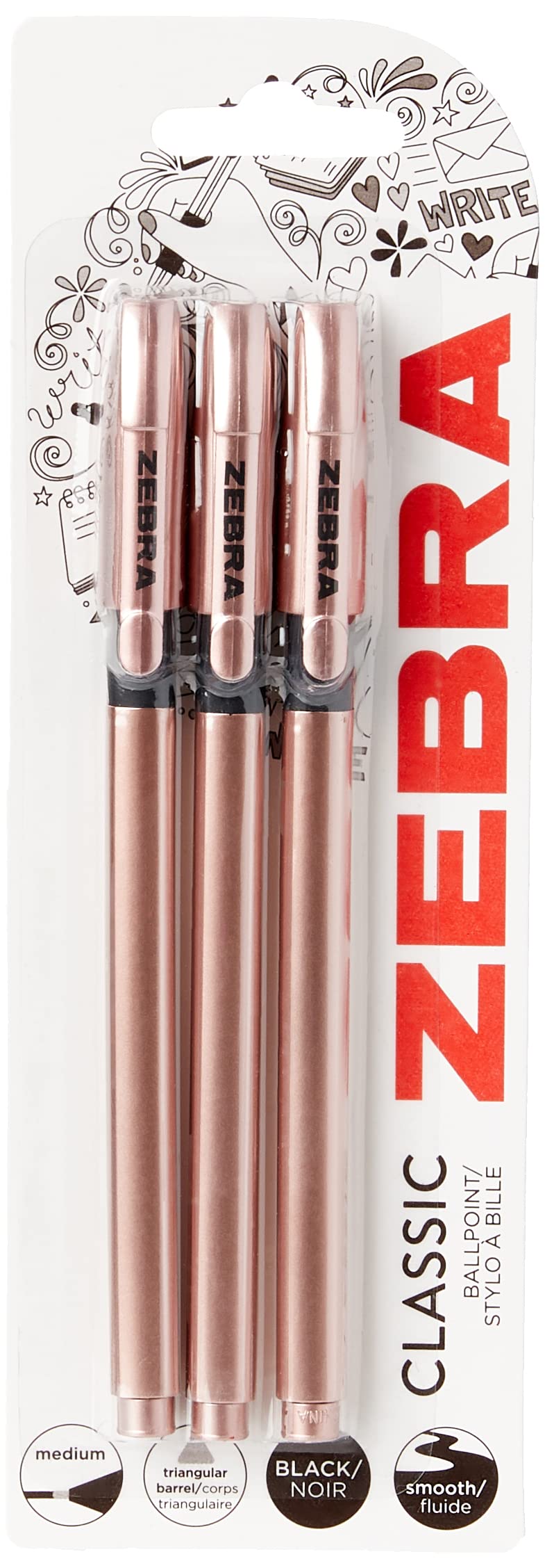 Zebra Pen Z Grip Black Pens Ballpoint, Super Trendy Rose Gold Ballpoint Pens with Triangular Barrel, Pens, Black Ink, Reliable Black Biro Pens Multipack for Everyday Use-Medium Point, 3 pk,Pack of 2