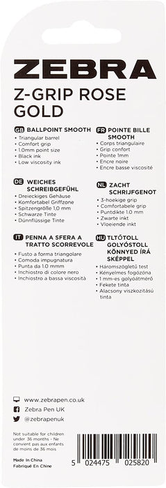 Zebra Pen Z Grip Black Pens Ballpoint, Super Trendy Rose Gold Ballpoint Pens with Triangular Barrel, Pens, Black Ink, Reliable Black Biro Pens Multipack for Everyday Use-Medium Point, 3 pk,Pack of 2