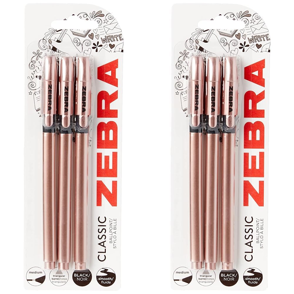 Zebra Pen Z Grip Black Pens Ballpoint, Super Trendy Rose Gold Ballpoint Pens with Triangular Barrel, Pens, Black Ink, Reliable Black Biro Pens Multipack for Everyday Use-Medium Point, 3 pk,Pack of 2