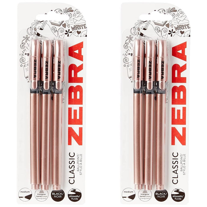 Zebra Pen Z Grip Black Pens Ballpoint, Super Trendy Rose Gold Ballpoint Pens with Triangular Barrel, Pens, Black Ink, Reliable Black Biro Pens Multipack for Everyday Use-Medium Point, 3 pk,Pack of 2