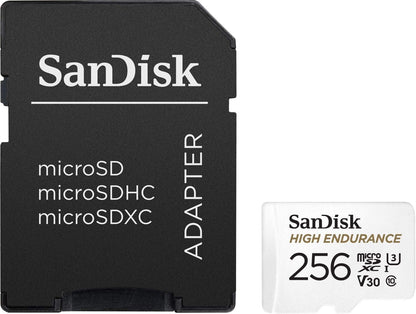 SanDisk High Endurance microSDXC Speicherkarte 256 GB + Adapter (Für Dash-Cams und private Überwachungskameras, 100 MB/s Lesen, V30 für Full-HD und 4K-Videos