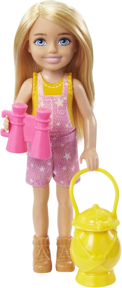 Barbie ¡Vamos de Camping! Chelsea Muñeca Rubia con Accesorios de Juguete, Regalo para niñas y niños +3 años (Mattel HDF77