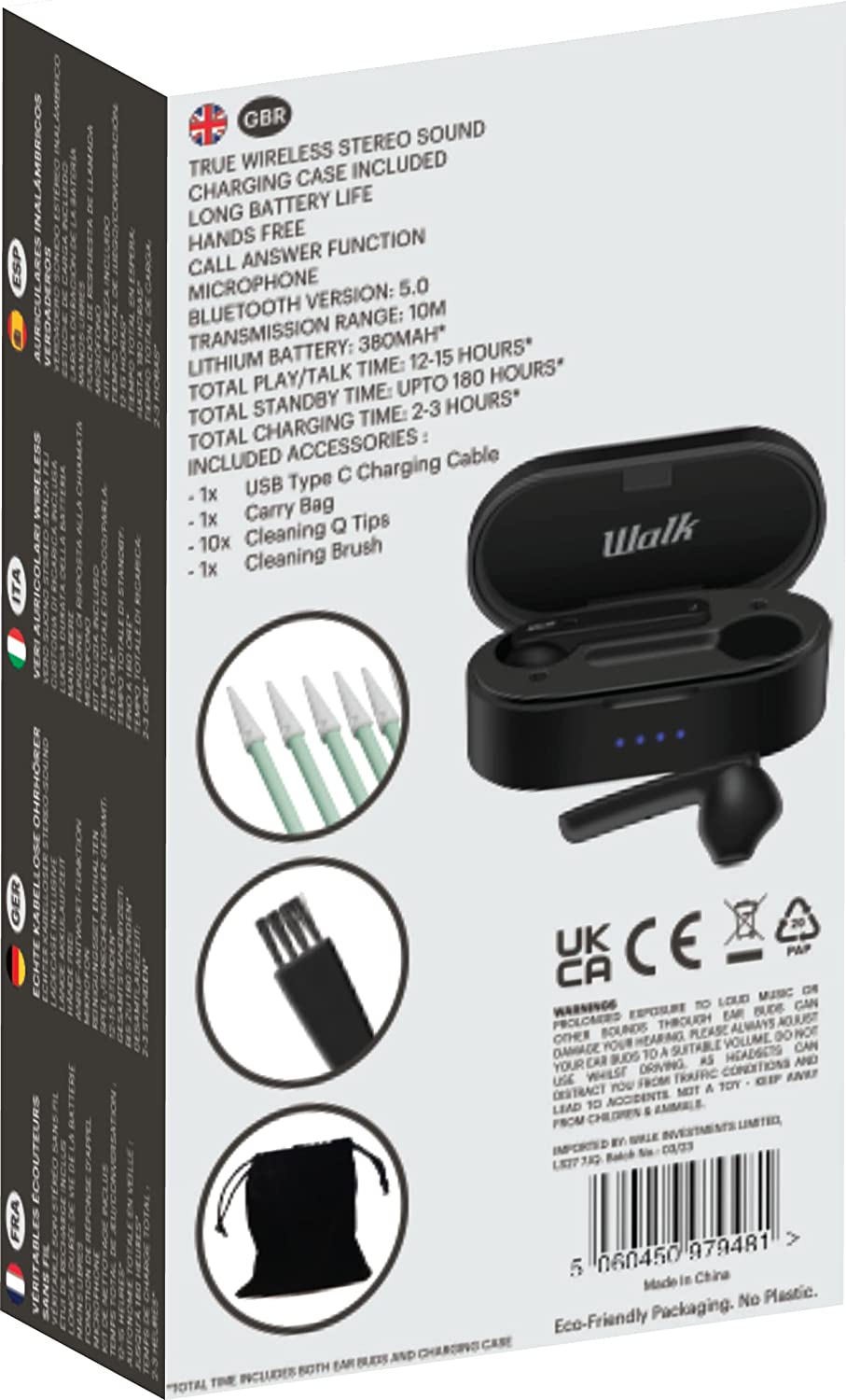 Walk Audio True Wireless In Ear Earphones/In Ear Headphones Plus Cleaning Kit with Bass Boost TruSound Technology