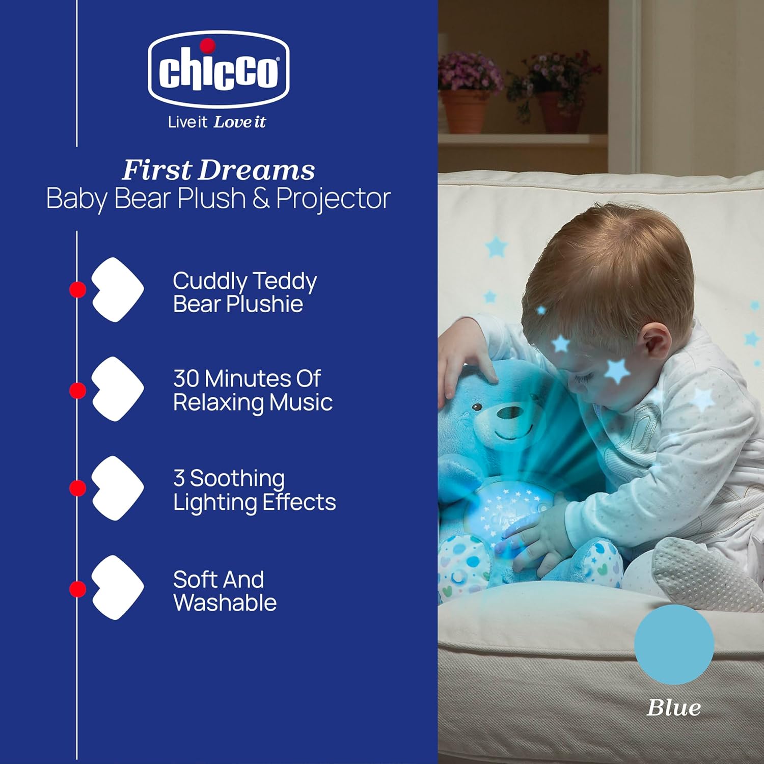 Chicco - First Dreams Teddybeer - Zachte Pluchen Knuffel met Nachtlampje - Lichteffecten en Muziek - Vanaf 0+ Maanden - Blauw