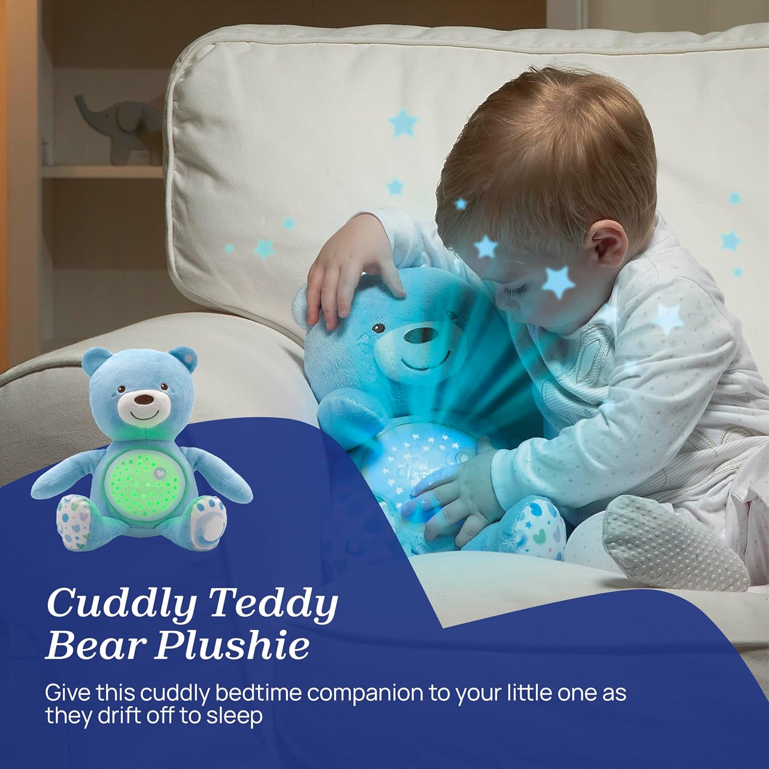 Chicco - First Dreams Teddybeer - Zachte Pluchen Knuffel met Nachtlampje - Lichteffecten en Muziek - Vanaf 0+ Maanden - Blauw