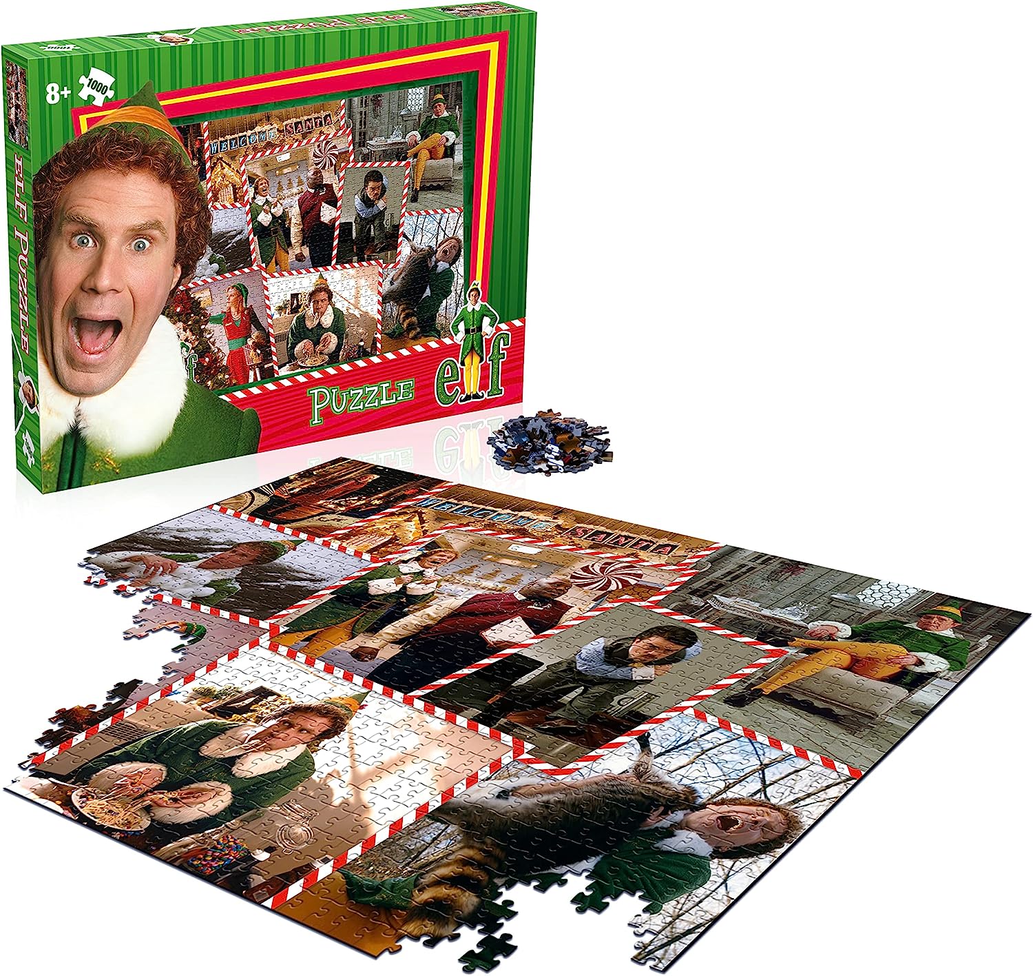 Winning Moves Buddy the Elf 1000 Piece Jigsaw Puzzle Game, Piece together a montage of scenes from the Elf movie including Miles Finch, Jovie and Santa, Great gift for ages 8 plus