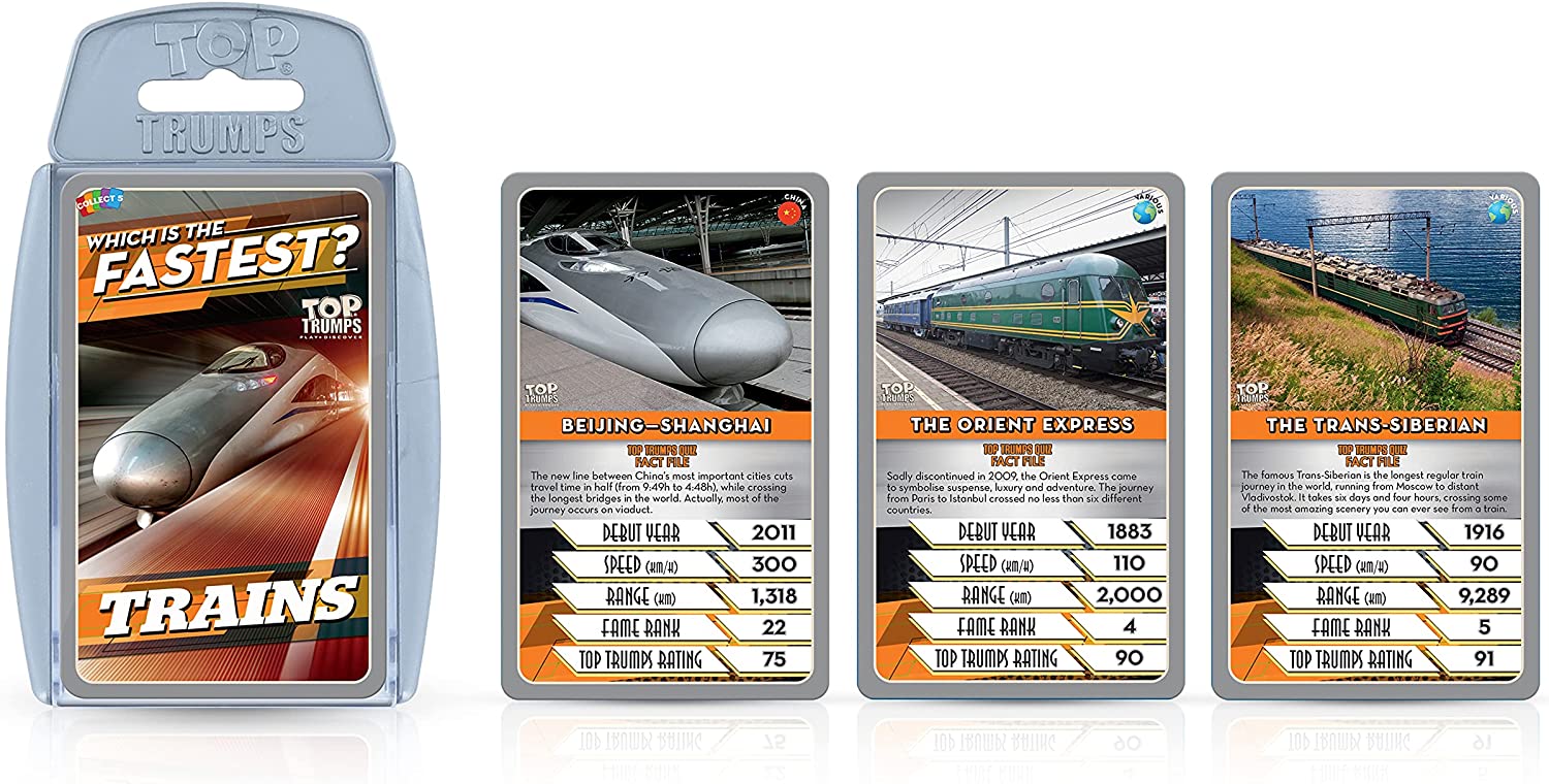 Top Trumps Trains Classics Kartenspiel, erfahren Sie mehr über die Londoner U-Bahn, die Deutschen Eiszüge und Peking Shanghai in diesem pädagogischen Spiel, Geschenk und Spielzeug für Jungen und