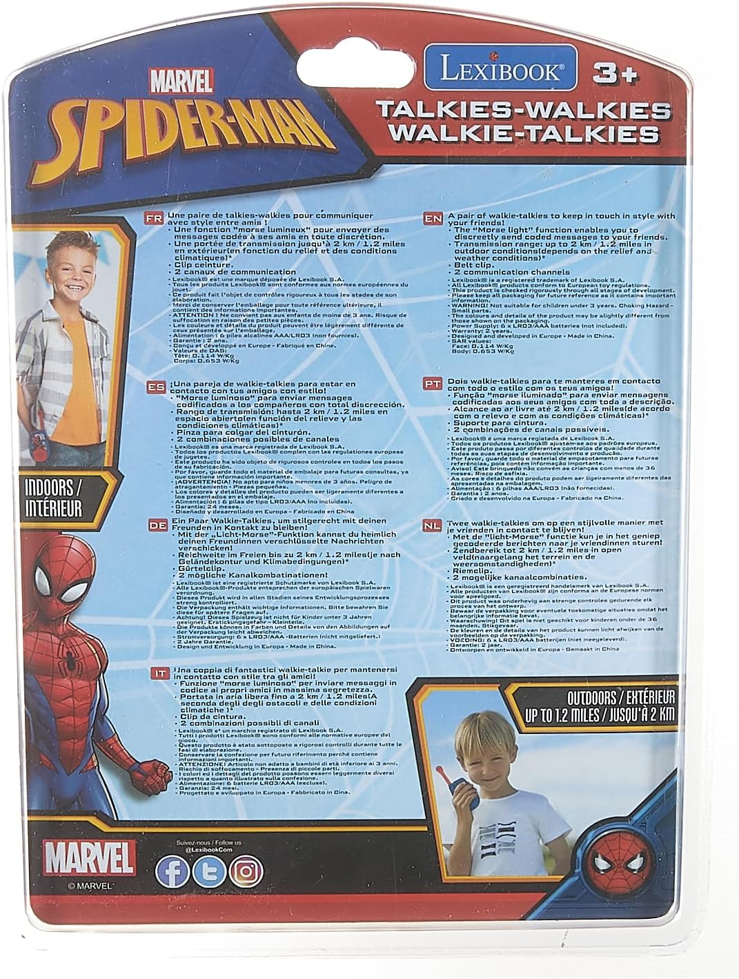 LEXIBOOK Spider-Man - Digital Walkie-Talkies for children/boys - 2 km transmission range, Morse Light function, Belt clip for transport, Battery, Blue/Red, TW25SP