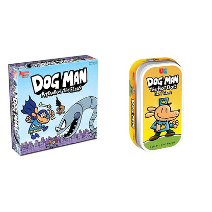 University Games E2:E3Dog Man Attack of the Fleas Board Game | For 2-6 Players 07010 Blue & Dog Man The Hot Dog Card Game | 2-4 Players, Yellow, One Size,07011