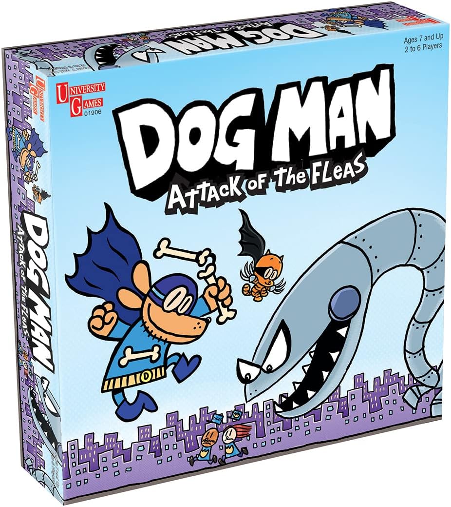 University Games E2:E3Dog Man Attack of the Fleas Board Game | For 2-6 Players 07010 Blue & Dog Man The Hot Dog Card Game | 2-4 Players, Yellow, One Size,07011