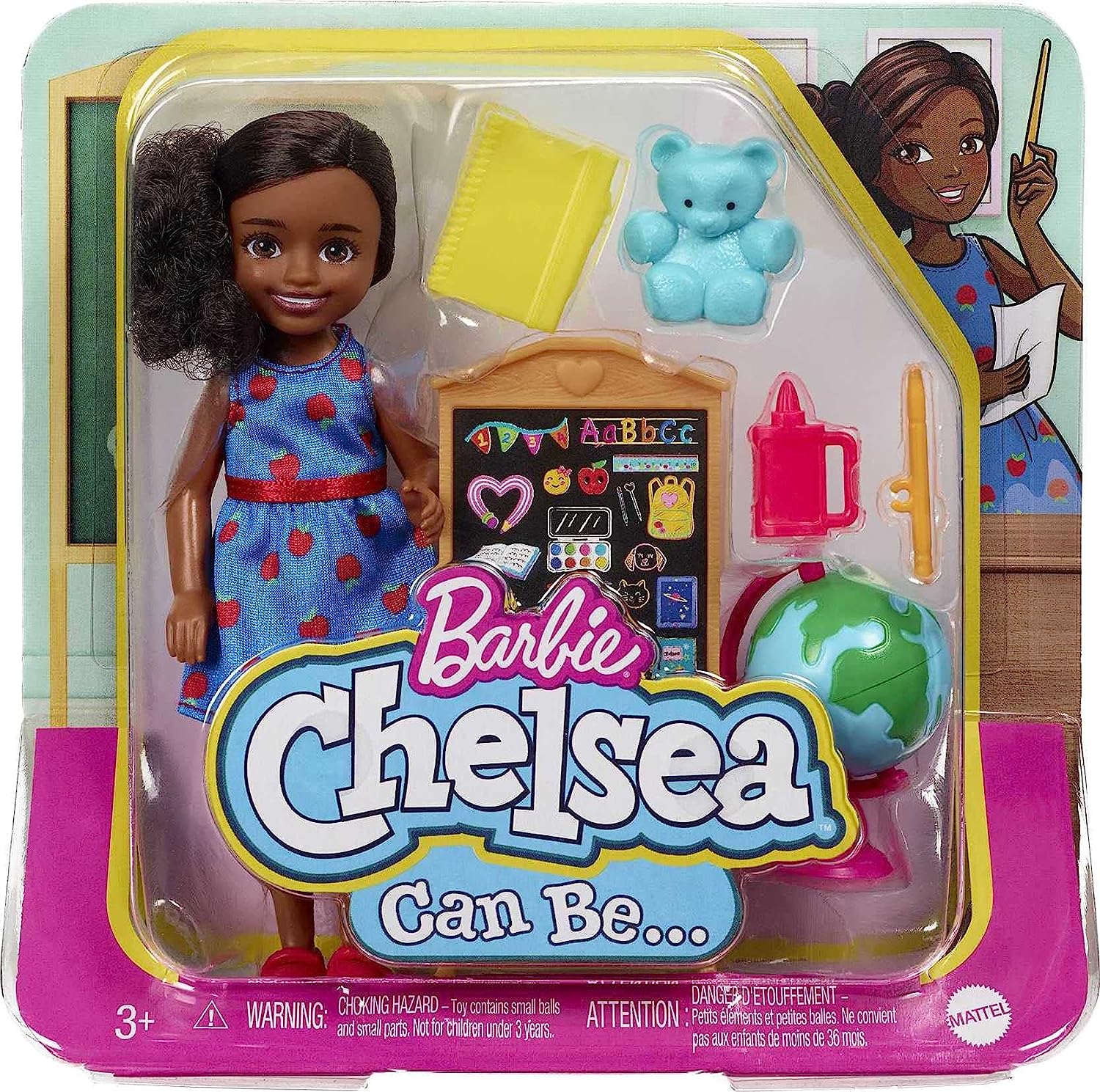 Barbie Chelsea Can Be Playset with Brunette Chelsea Teacher Doll (6 inches), Chalkboard, Pointer, Globe, Mug, File, Teddy Bear Figure, Great Gift for Ages 3 Years Old & Up