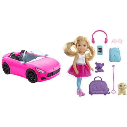 Barbie Convertible 2-Seater Vehicle, Pink Car with Rolling Wheels & Realistic Details, Gift for 3+ & Chelsea Travel Doll, Blonde, With Puppy, Carrier & Accessories, For 3 To 7 Year Olds, FWV20