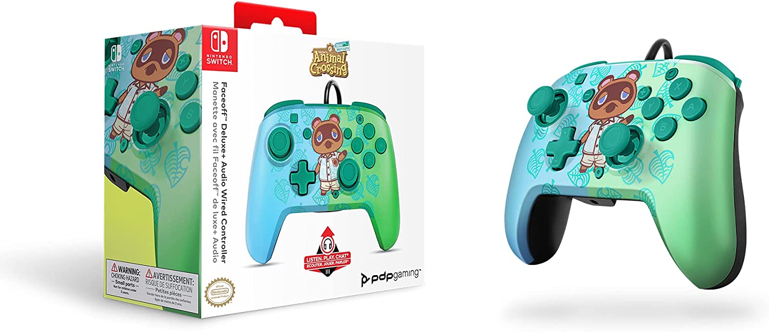 PDP Gaming Faceoff Deluxe+ Wired Switch Pro Controller - Animal Crossing - Tom Nook - Blue / Green - Officially Licensed by Nintendo - Customizable buttons and paddles - Ergonomic Controllers Animal C