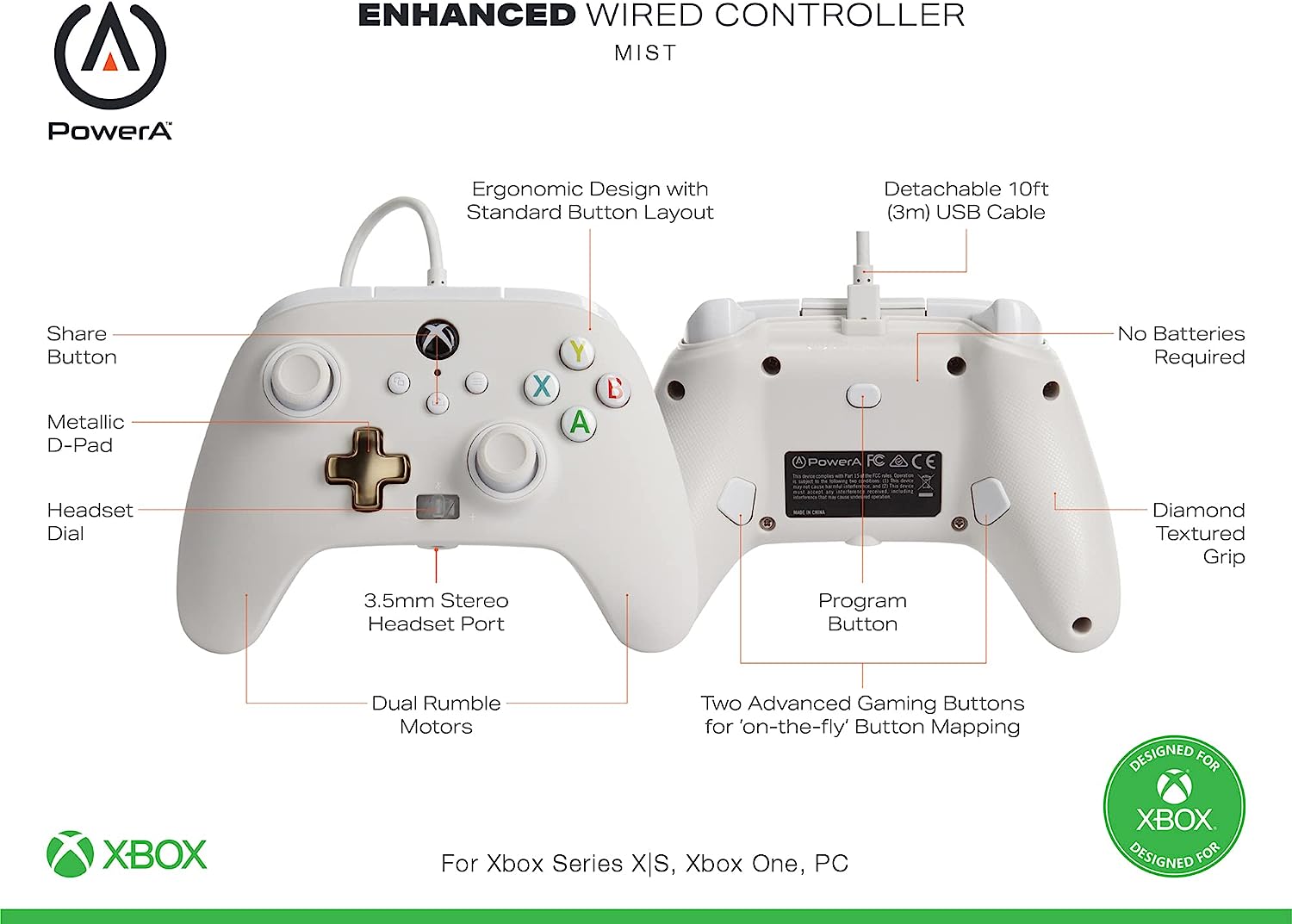 PowerA Enhanced Wired Controller for Xbox - Mist, White, gamepad, wired video game controller, gaming controller, Xbox Series X|S (Xbox Series X