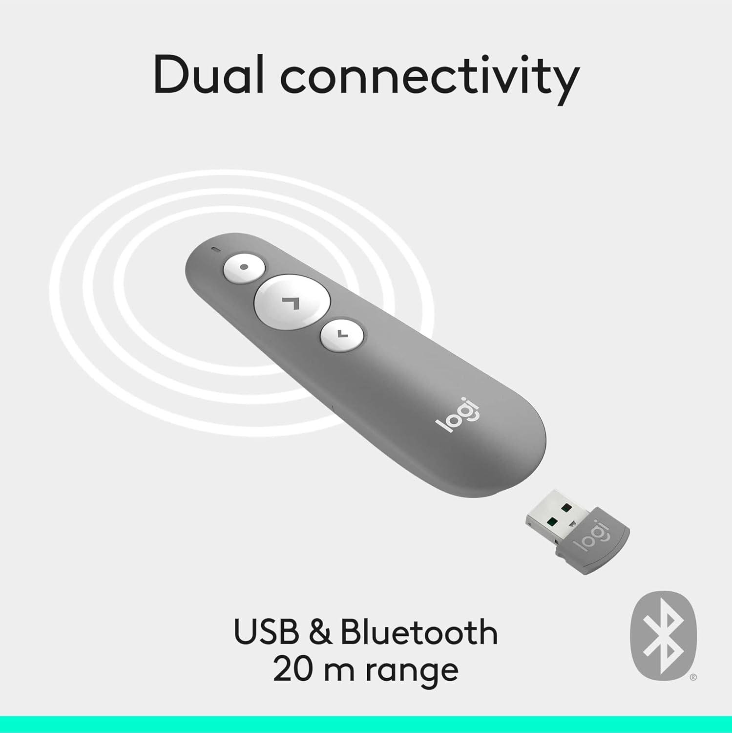 Logitech R500s Laser Class 1 Presenter Bluetooth and USB / Presentation Clicker - Universal Compatibility, 20m range, Customisable, Smart Battery 12 months usage