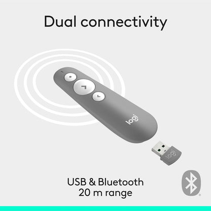 Logitech R500s Laser Class 1 Presenter Bluetooth and USB / Presentation Clicker - Universal Compatibility, 20m range, Customisable, Smart Battery 12 months usage