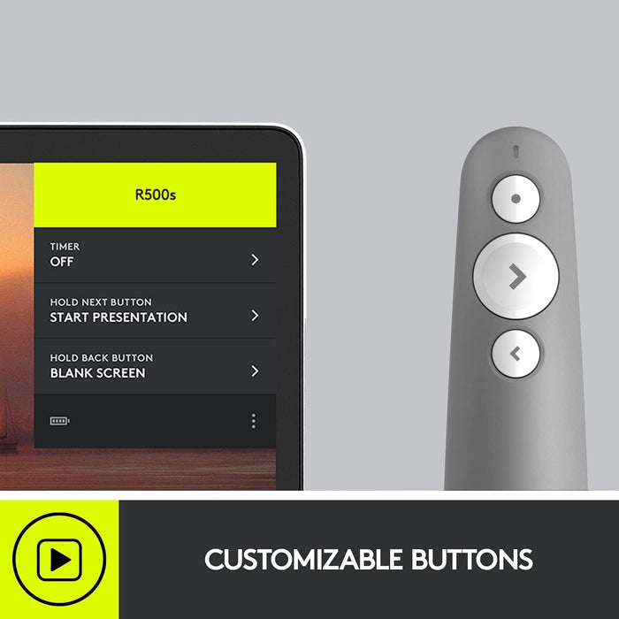 Logitech R500s Laser Class 1 Presenter Bluetooth and USB / Presentation Clicker - Universal Compatibility, 20m range, Customisable, Smart Battery 12 months usage