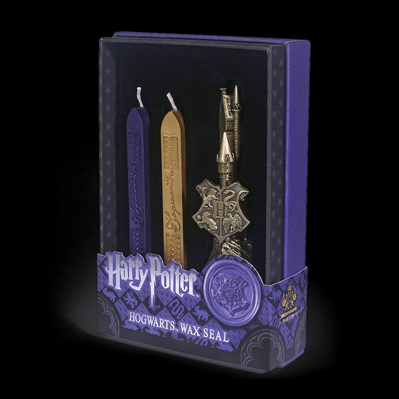 The Noble Collection Harry Potter Hogwarts Wax Seal - 6.5in (16.5cm) Die Cast Metal Stamp and Coloured Purple and Gold Wax Set - Officially Licensed Film Set Movie Props Gifts Stationery