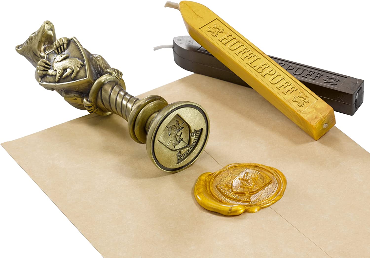 The Noble Collection Harry Potter Hufflepuff Wax Seal - 6.5in (16.5cm) Die Cast Metal Stamp and Coloured Black and Yellow Wax Set - Officially Licensed Film Set Movie Props Gifts Stationery