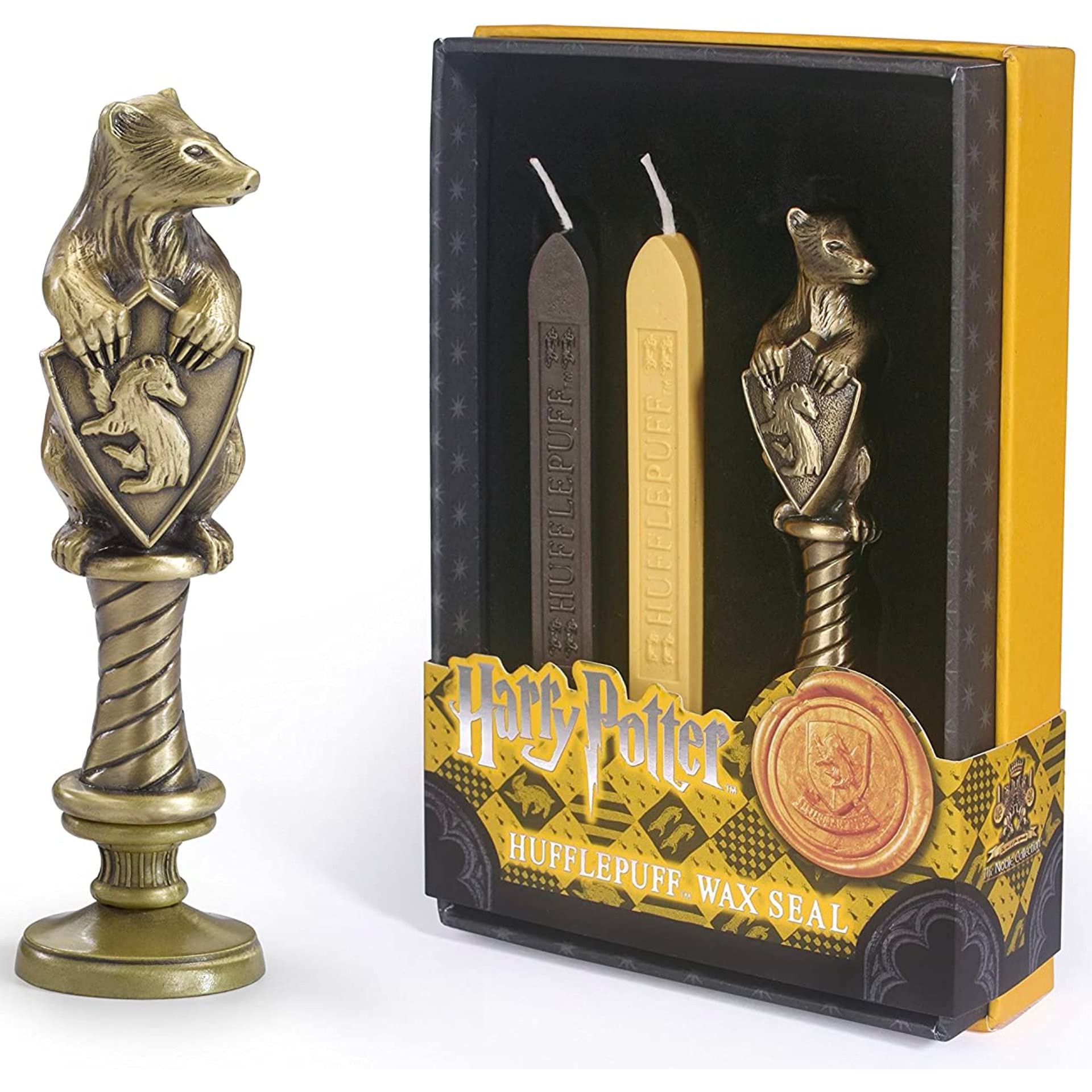 The Noble Collection Harry Potter Hufflepuff Wax Seal - 6.5in (16.5cm) Die Cast Metal Stamp and Coloured Black and Yellow Wax Set - Officially Licensed Film Set Movie Props Gifts Stationery