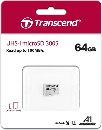Transcend Scheda di memoria microSDXC 300S Classe 10 da 64 GB con fino a 95/45 MB/s (per smartphone, fotocamere digitali e console Nintendo) senza adattatore SD - TS64GUSD300S