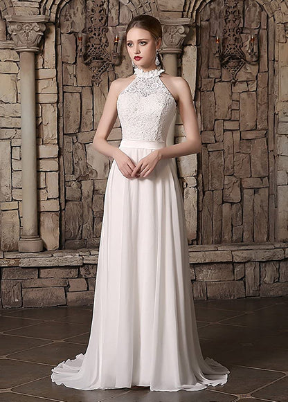 AdasBridal Lace & Chiffon High Collar Neckline A-line Wedding Dresses