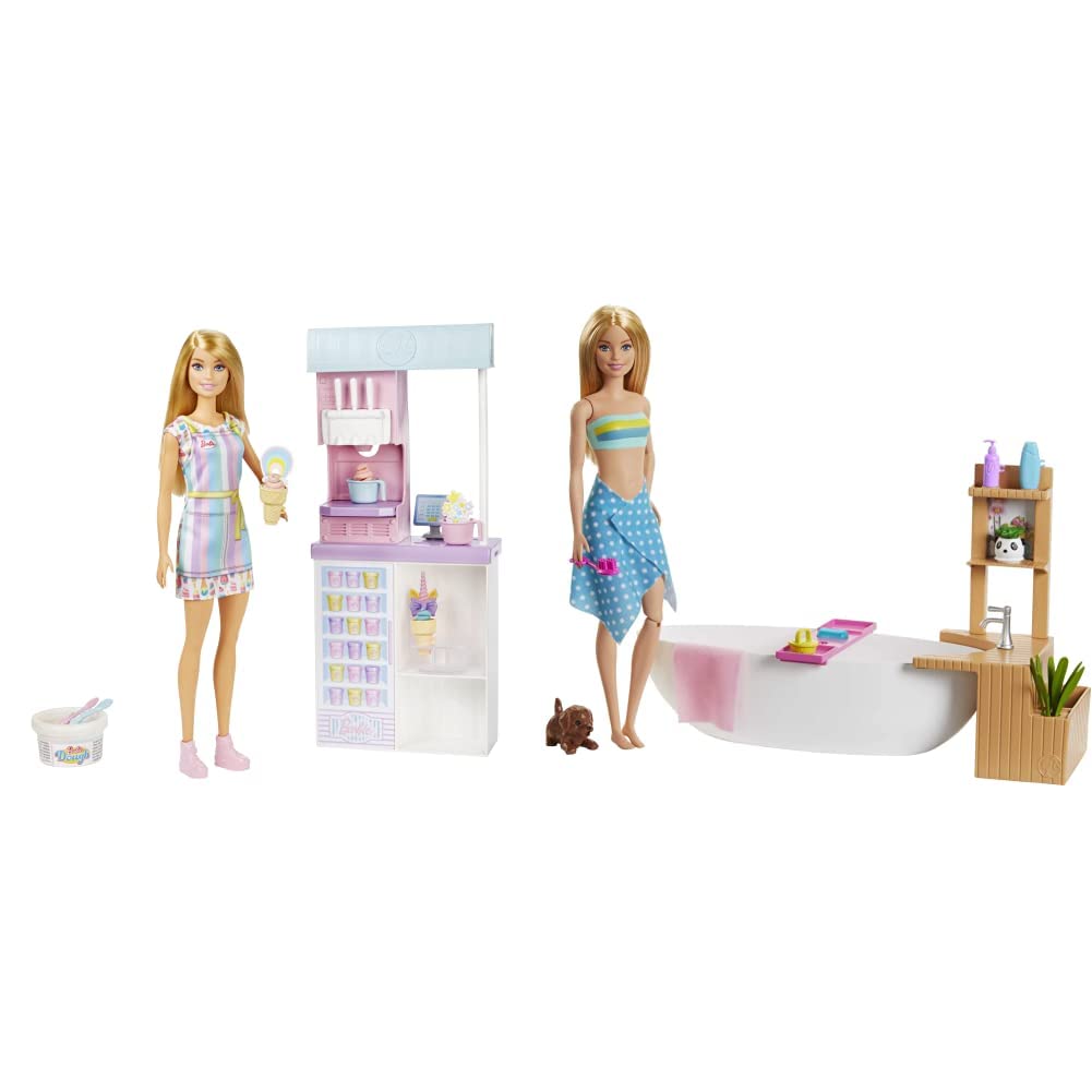 Barbie Ice Cream Shop Playset with 12 in Blonde Doll, Black & Baby Doctor Playset with Blonde Doll, 2 Infant Dolls, Exam Table and Accessories, Stethoscope, Chart and Mobile for Ages 3 and Up, GKH23