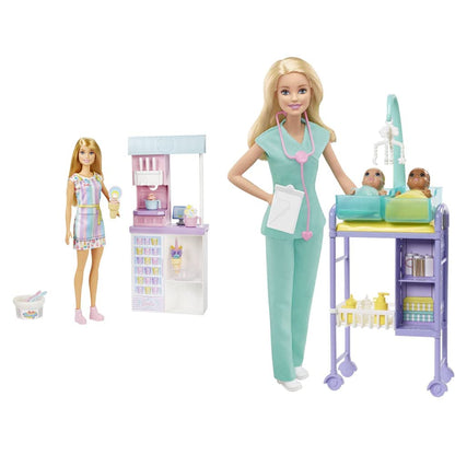 Barbie Ice Cream Shop Playset with 12 in Blonde Doll, Black & Baby Doctor Playset with Blonde Doll, 2 Infant Dolls, Exam Table and Accessories, Stethoscope, Chart and Mobile for Ages 3 and Up, GKH23