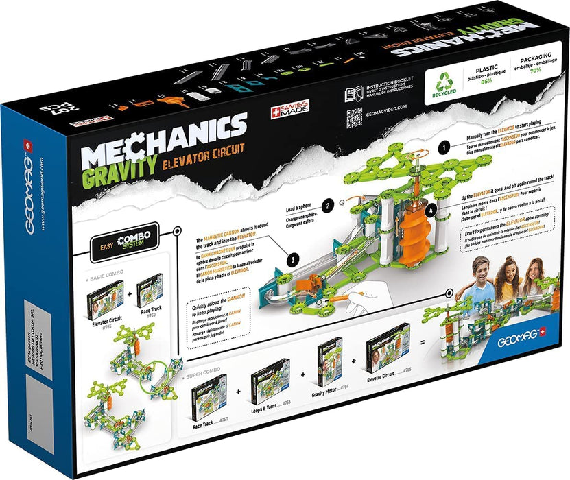 Geomag - Mechanics Gravity Elevator Circuit - Educational and Creative Game for Children - Magnetic Building Blocks, Circuit with Magnetic Blocks, Recycled Plastic - Set of 207 Pieces
